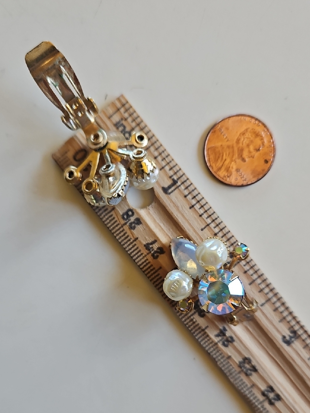 BEAU JEWEL Iridescent Rhinestones and Faux Pearl Cluster Clip-On Earrings - Picture 4 of 5